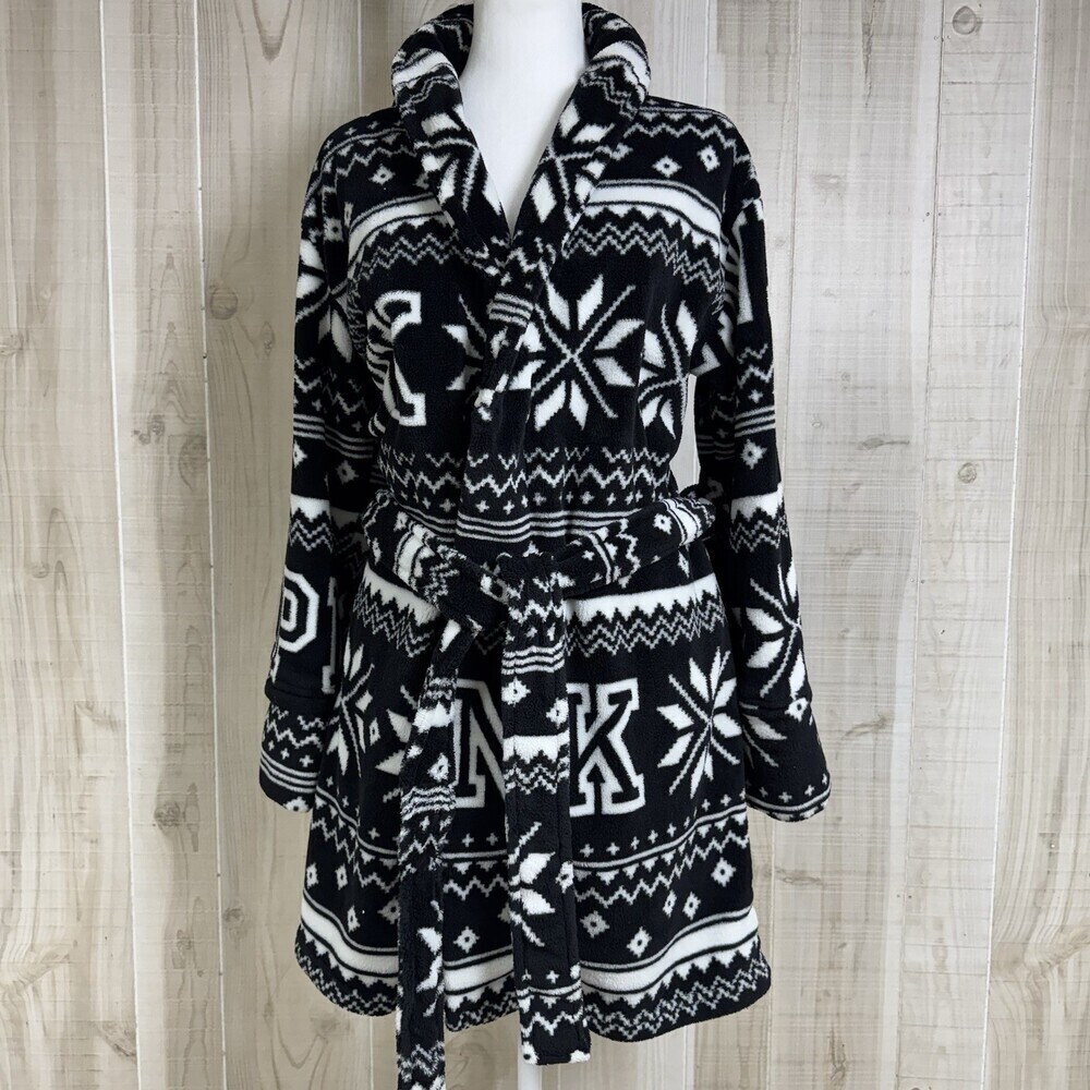 PINK Victorias Secret Plush Short Robe SleepwearXS Black Fair Isle/Nordic Cozy‎